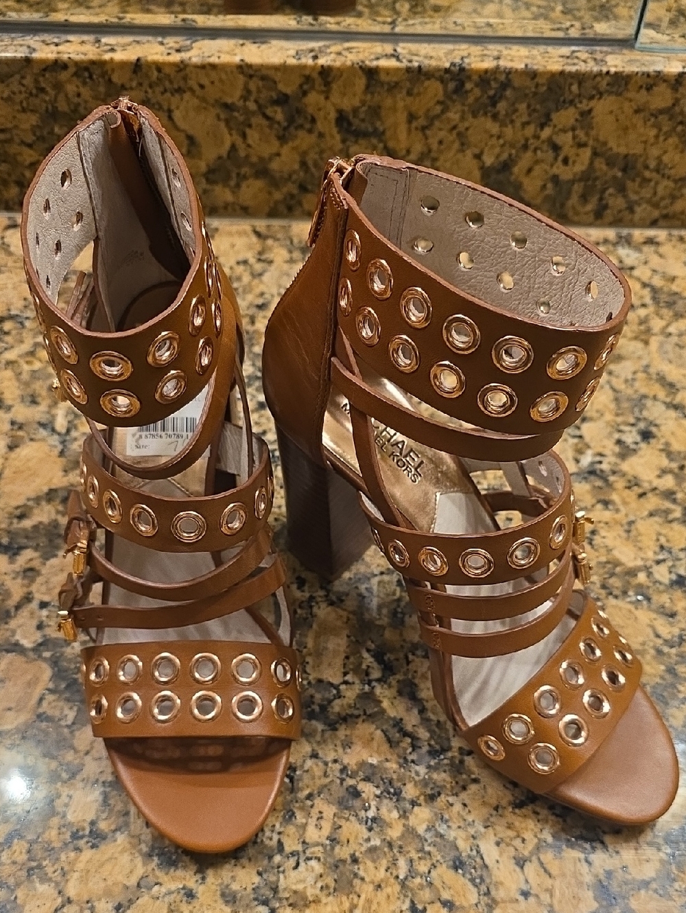 Michael Kors Brown Strappy High Heel Sandals with Gold Grommets